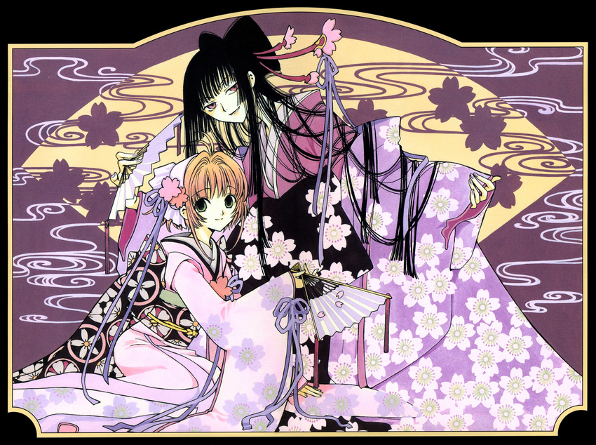 absurdres bangs blunt_bangs clamp crossover empty_eyes fan flower folding_fan green_eyes hair_ornament highres hime_cut ichihara_yuuko japanese_clothes kimono long_hair marker_(medium) multiple_girls nail_polish obi official_art parody petals purple_eyes sakura_hime sash short_hair sitting sleeves_past_wrists smoke style_parody traditional_media tsubasa_chronicle unmoving_pattern wide_sleeves xxxholic