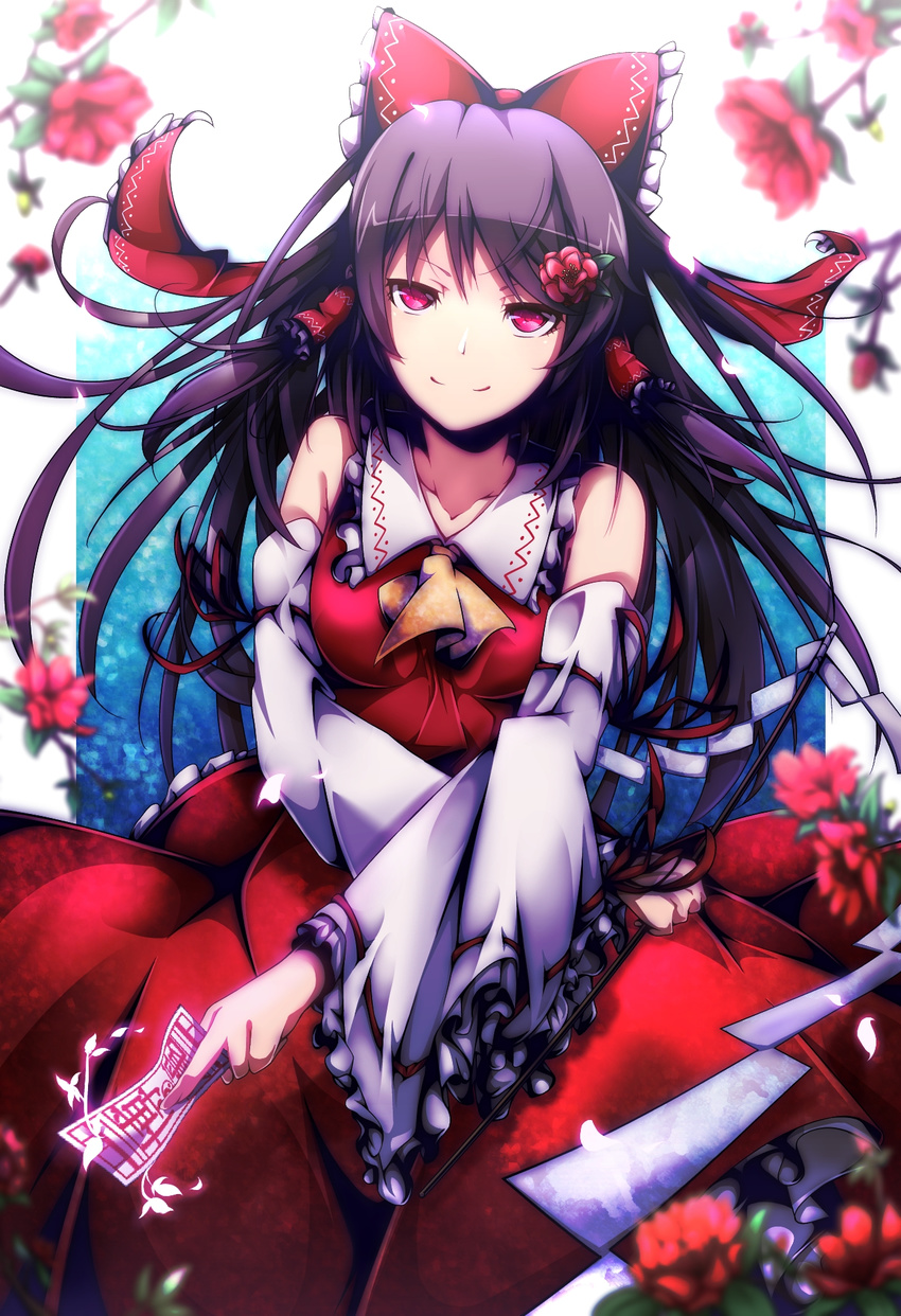 ascot bad_id bad_pixiv_id bare_shoulders black_hair bow collarbone detached_sleeves dress flower frilled_shirt_collar frilled_skirt frilled_sleeves frills gohei hair_bow hair_flower hair_ornament hair_ribbon hair_tubes hairclip hakurei_reimu highres jitome large_bow long_hair long_sleeves looking_at_viewer mizuki_(ekakichan) ofuda pink_eyes purple_hair red_dress red_eyes revision ribbon skirt smile solo spell_card talisman touhou wide_sleeves