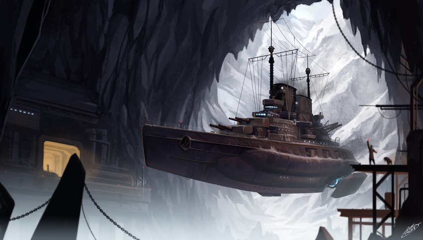 aircraft airship blurry boat cave chain depth_of_field dog floating glowing highres ice lights mountain okita original scenery ship signature snow watercraft widescreen