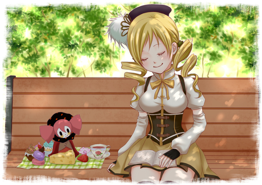 bench beret blonde_hair book breasts candy charlotte_(madoka_magica) cheese closed_eyes cookie cup cupcake detached_sleeves drill_hair fingerless_gloves food fruit gloves hair_ornament hat large_breasts macaron magical_girl mahou_shoujo_madoka_magica outdoors pleated_skirt rapi saucer shade shirt sitting skirt strawberry swiss_cheese taut_clothes taut_shirt tea teacup tomoe_mami tree