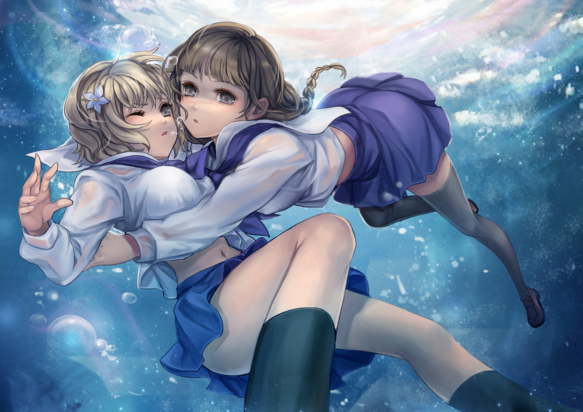 :o braid brown_eyes brown_hair bubble flower foreshortening hair_flower hair_ornament hanasaku_iroha highres hug j.lili matsumae_ohana midriff multiple_girls oshimizu_nako school_uniform see-through thighhighs underwater wince