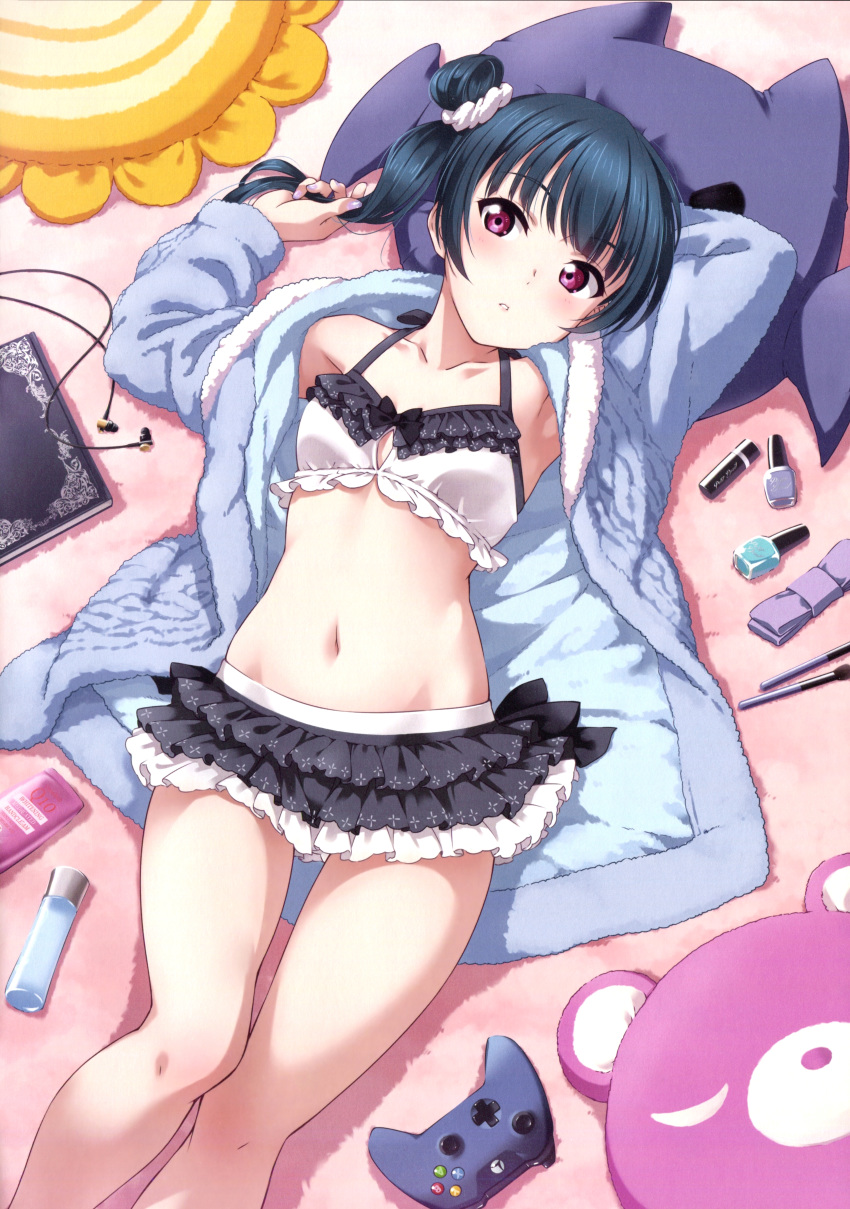 1girl 2017 :o absurdres arm_behind_head armpits arms_up bangs bathrobe bed bed_sheet black_bow black_skirt blue_hair blush book bow breasts collarbone controller copyright cowboy_shot crop_top earbuds earphones earphones_removed eyebrows_visible_through_hair frilled_skirt frills from_above game_controller groin hair_ornament hair_scrunchie halter_top halterneck highres holding holding_hair indoors inou_shin lipstick_tube logo long_hair looking_at_viewer love_live! love_live!_sunshine!! lying makeup midriff miniskirt nail_polish nail_polish_bottle navel official_art on_back open_clothes open_robe pillow playing_with_own_hair purple_eyes robe scan scrunchie shadow side_bun skirt small_breasts solo stuffed_animal stuffed_toy teddy_bear thighs tsushima_yoshiko watermark white_scrunchie