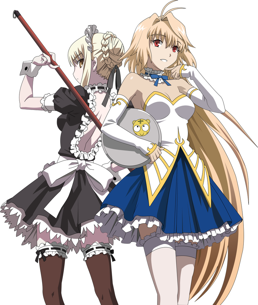 absurdres ahoge alternate_costume archetype_earth arcueid_brunestud artoria_pendragon_(all) back back-to-back blonde_hair brown_eyes carnival_phantasm enmaided fate/stay_night fate_(series) frills highres magical_girl maid maid_headdress multiple_girls non-web_source red_eyes saber_alter thighhighs transparent_background tray tsukihime vector_trace