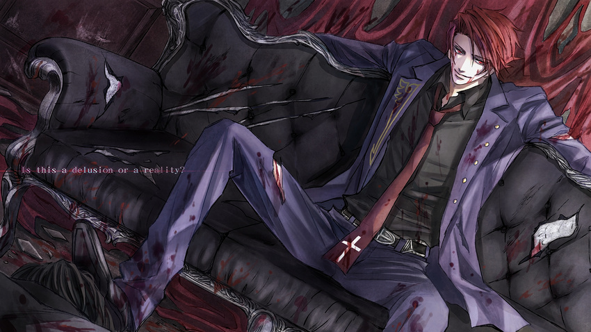 black_battler blood couch cross dark_persona english formal highres injury kaoru male_focus necktie ougon_musou_kyoku purple red_eyes red_hair shoes sitting smile solo suit torn_clothes umineko_no_naku_koro_ni ushiromiya_battler