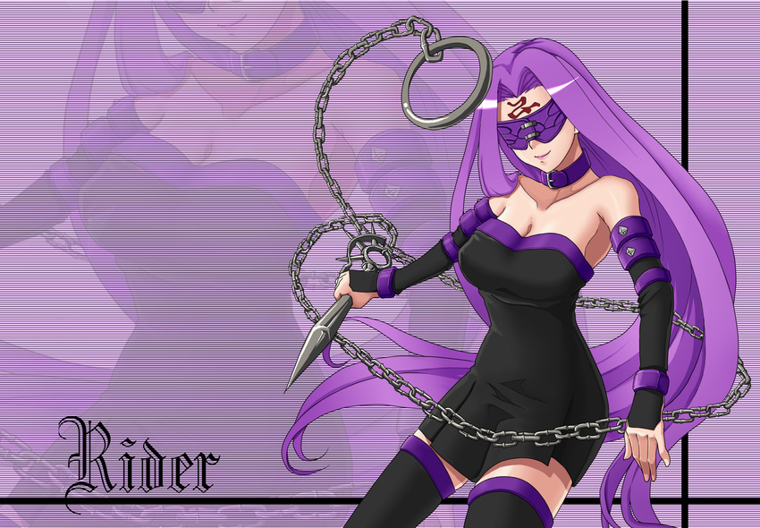 bad_id bad_pixiv_id bare_shoulders blindfold boots breasts chain cleavage dagger dress facial_mark fate/stay_night fate_(series) highres large_breasts long_hair nono_(noppodesu) purple_hair rider smile solo strapless strapless_dress thigh_boots thighhighs very_long_hair weapon zettai_ryouiki zoom_layer