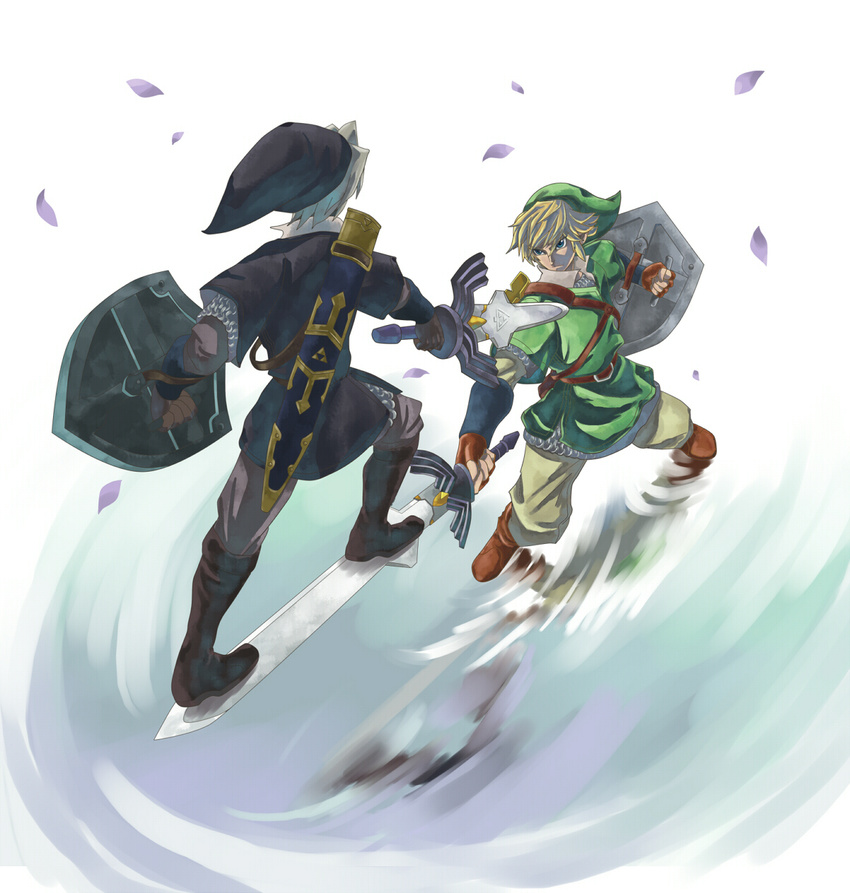 battle belt blonde_hair blue_eyes chainmail dark_link dual_persona duel gloves grey_hair hat highres link male_focus multiple_boys petals ruri_(rukiafile) sheath shield standing_on_object sword the_legend_of_zelda the_legend_of_zelda:_ocarina_of_time water weapon