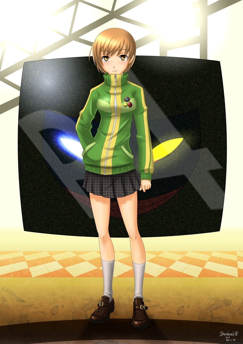 brown_eyes brown_hair buttons frown hand_in_pocket highres jacket okenokoneko persona persona_4 pleated_skirt satonaka_chie short_hair skirt smiley_face solo track_jacket