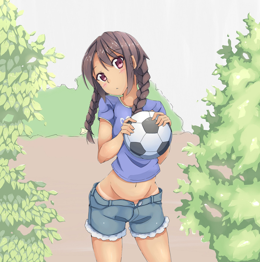 ball braid brown_hair denim denim_shorts hair_over_shoulder highres kami-sama_no_memo-chou kusakabe_meo long_hair looking_at_viewer midriff navel panties red_eyes shirt shorts snowflyer soccer_ball solo t-shirt tan tanline telstar twin_braids twintails unbuttoned underwear