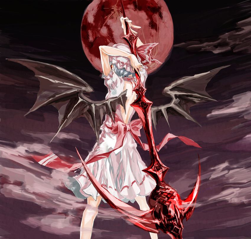 bat_wings bow dress full_moon hat moon red_eyes red_moon remilia_scarlet ribbon solo spear_the_gungnir touhou ue_toono_(atano) wings