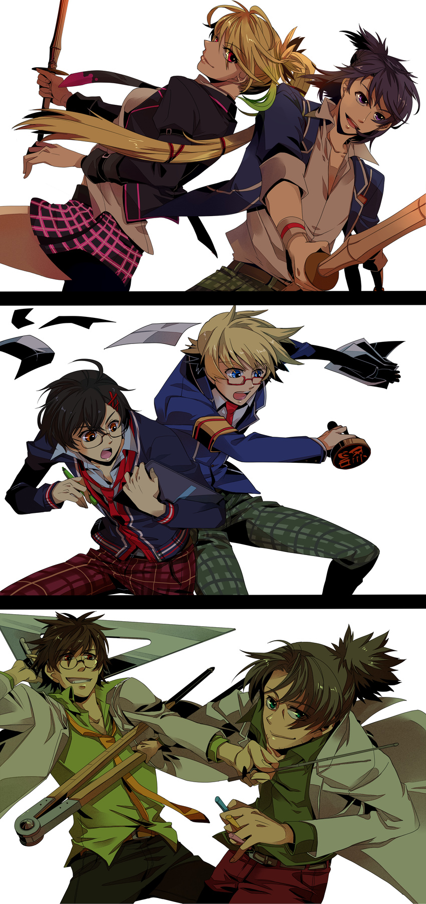 5boys absurdres alternate_costume alternate_hairstyle alvin_(tales) bespectacled black_hair blonde_hair blue_eyes flynn_scifo glasses green_eyes hair_up highres jude_mathis konami3521 labcoat long_hair milla_maxwell multiple_boys necktie pants plaid ponytail purple_eyes raven_(tales) red-framed_eyewear red_eyes school_uniform sword tales_of_(series) tales_of_vesperia tales_of_xillia weapon yuri_lowell