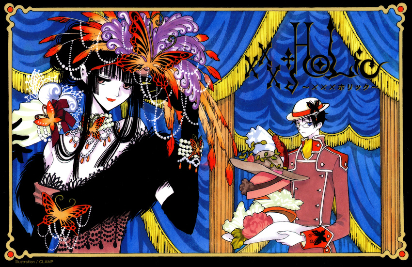 1girl absurdres bare_shoulders black_hair bug butterfly choker clamp copyright_name curtains expressionless feathers formal fur hair_up hat highres hime_cut ichihara_yuuko insect jewelry jitome lipstick makeup marker_(medium) necklace official_art pale_skin red_lipstick traditional_media watanuki_kimihiro xxxholic