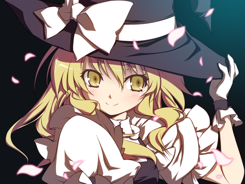 bad_id bad_pixiv_id binzoko_megane_(san-inch) blonde_hair bow face gloves hand_on_headwear hand_up hat hat_bow kirisame_marisa long_hair petals smile solo touhou upper_body white_bow white_gloves witch_hat yellow_eyes