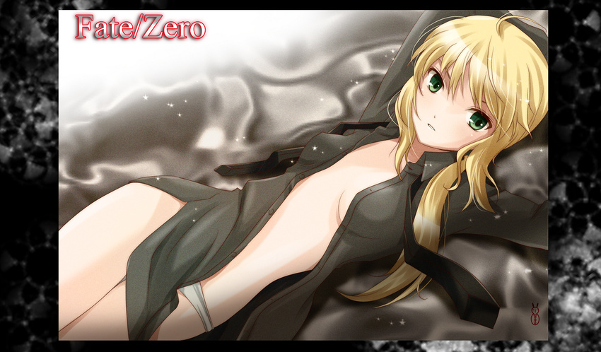 ahoge artoria_pendragon_(all) bad_id bad_pixiv_id blonde_hair breasts cleavage fate/zero fate_(series) green_eyes machinosuke open_clothes open_shirt panties saber shirt small_breasts solo underwear