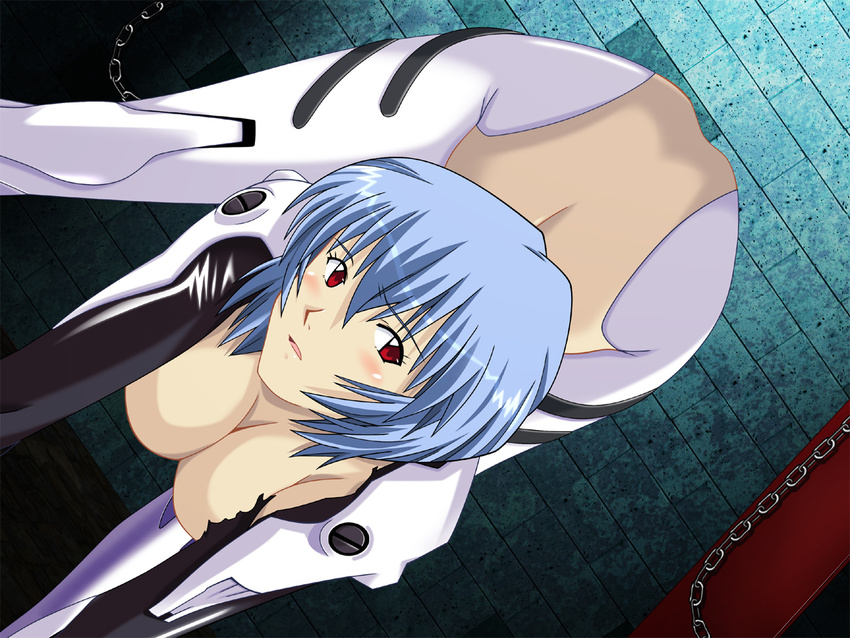 1girl ayanami_rei blue_hair blush breasts functionally_nude large_breasts neon_genesis_evangelion nude red_eyes short_hair torn_clothes