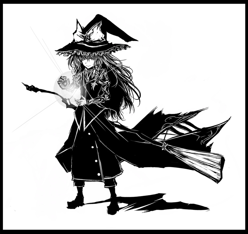 acryl border bow braid broom buttons frills greyscale hat hat_bow highres kirisame_marisa long_hair mini-hakkero monochrome shadow solo touhou witch_hat