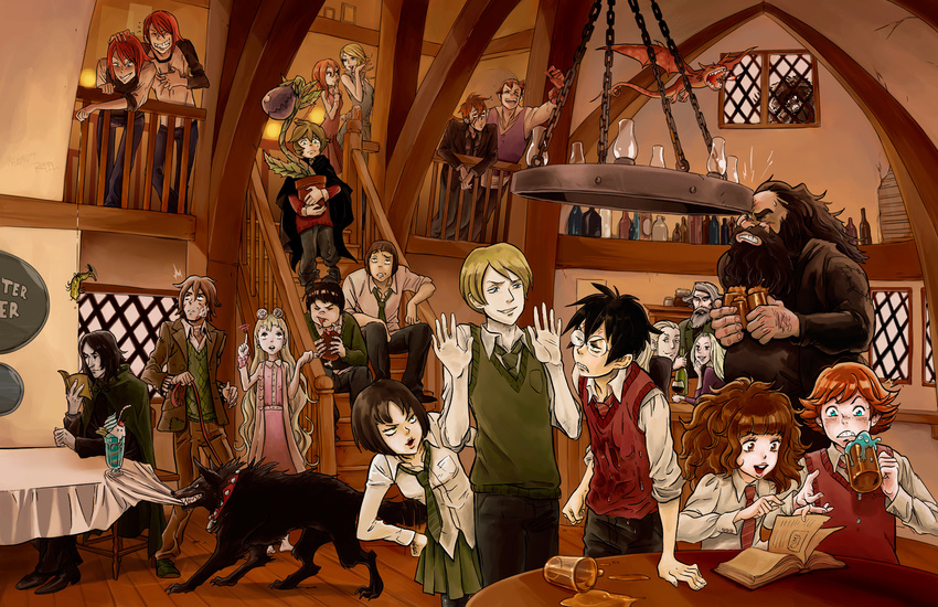 6+girls aberforth_dumbledore angry animal artist_request bandages barefoot beard bill_weasley black_hair blonde_hair book bottle brown_eyes brown_hair charlie_weasley dog draco_malfoy dragon everyone facial_hair fleur_delacour food fred_weasley george_weasley ginny_weasley glasses green_eyes gregory_goyle grey_hair grin harry_james_potter harry_potter hermione_granger highres long_hair lucius_malfoy luna_lovegood multiple_boys multiple_girls narcissa_malfoy necktie neville_longbottom pansy_parkinson reading red_hair remus_lupin ron_weasley rubeus_hagrid scar school_uniform severus_snape short_hair sirius_black skirt smile