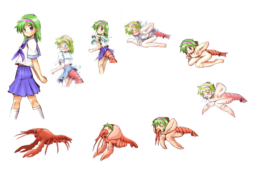 claws crustacean edit female green_hair hair headband human lobster looking_at_viewer mammal marine nude qkut skirt socks transformation uniform