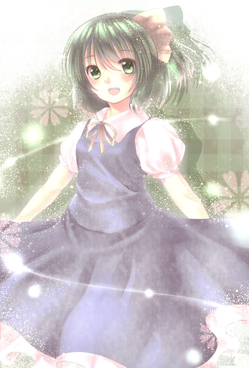 :d absurdres bad_id bad_pixiv_id daiyousei dress green_eyes green_hair highres kotonoman light_particles long_hair open_mouth ribbon side_ponytail smile solo touhou