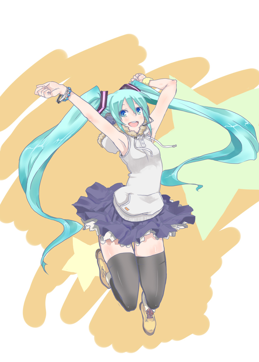 aqua_hair armpits arms_up blue_eyes bracelet hatsune_miku headphones headset highres jewelry long_hair mokupate open_mouth skirt solo thighhighs twintails very_long_hair vocaloid