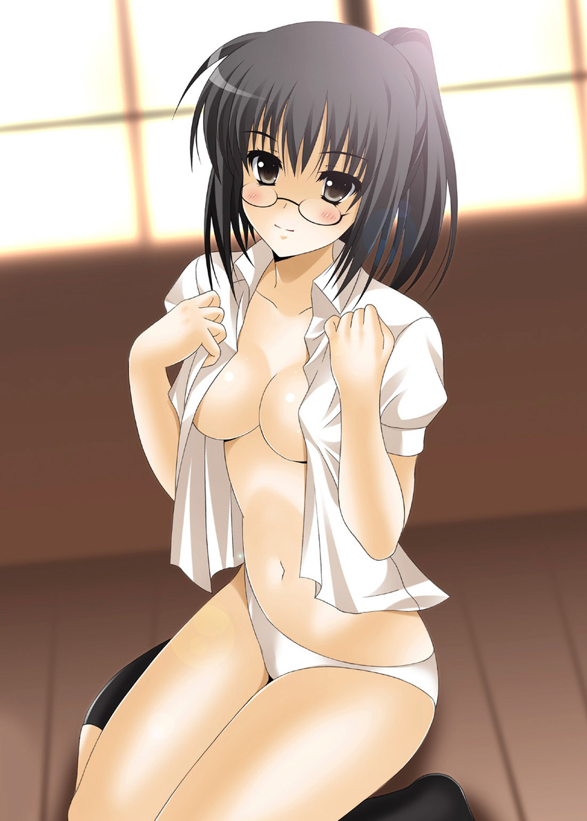 black_eyes black_hair blush boku_wa_tomodachi_ga_sukunai breasts cleavage glasses highres light_smile navel no_bra oda_ken'ichi open_clothes open_shirt panties shiguma_rika shirt small_breasts solo underwear