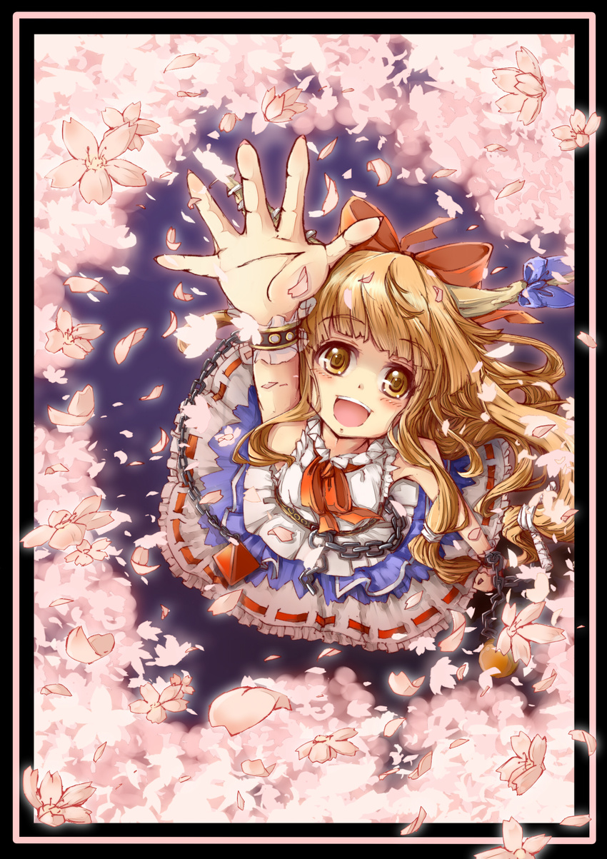 absurdres bad_id bad_pixiv_id blush bow chain cherry_blossoms hair_bow hands highres horn_ribbon horns ibuki_suika long_hair open_mouth orange_hair palms ponytail ribbon smile solo toor_0111 touhou yellow_eyes
