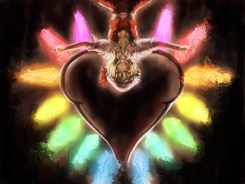 ascot baten_(gei-vorugu) belt blonde_hair broken_glass crystal evil_grin evil_smile fangs flandre_scarlet glass glowing glowing_wings grin hat heart heart_wings highres looking_at_viewer outstretched_arms red_eyes short_hair smile solo spread_arms touhou upside-down vest wings