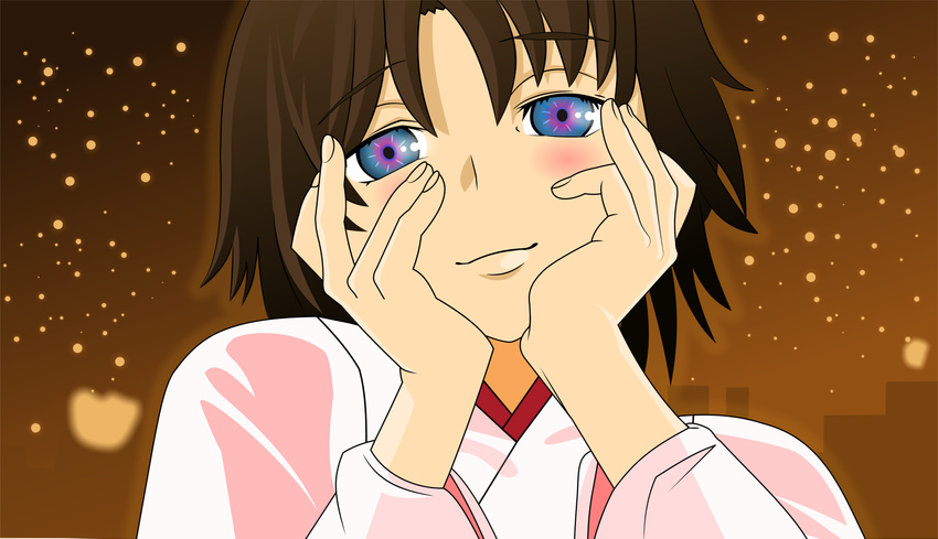 absurdres brown_hair hands_on_own_cheeks hands_on_own_face highres japanese_clothes kara_no_kyoukai kimono multicolored multicolored_eyes parody pink_eyes ryougi_shiki short_hair solo vector_trace yandere_trance