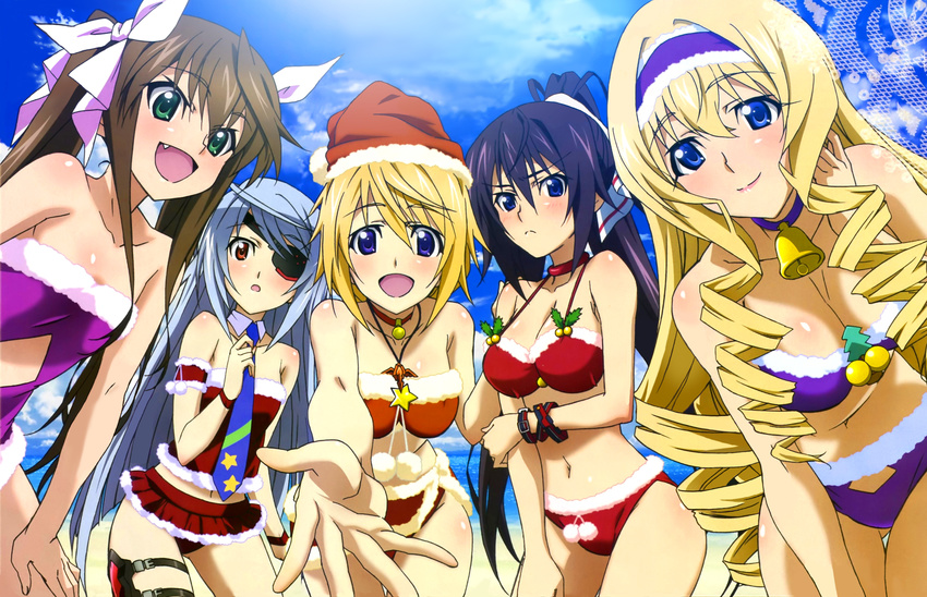 :&lt; absurdres ass_visible_through_thighs beach bell bikini black_hair blonde_hair blue_eyes blush breasts brown_hair cecilia_alcott charlotte_dunois christmas cleavage cloud day detexted drill_hair eyepatch fang frown green_eyes hairband hashimoto_takayoshi hat highres huang_lingyin infinite_stratos jingle_bell laura_bodewig long_hair medium_breasts multiple_girls necktie non-web_source ocean open_mouth outdoors ponytail purple_eyes red_eyes santa_costume santa_hat shinonono_houki short_hair silver_hair sky smile swimsuit third-party_edit twintails very_long_hair water