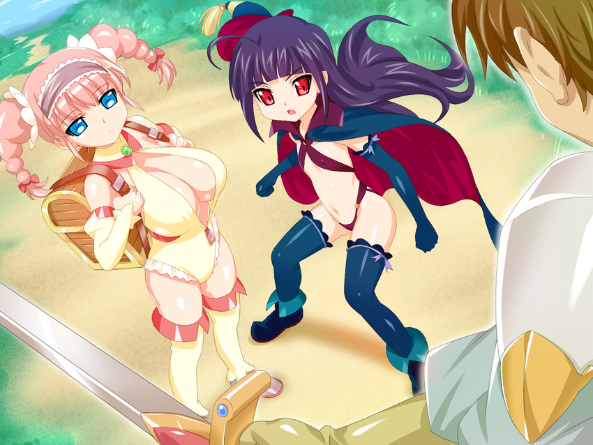 1boy 2girls armor blue_eyes boots breasts cape censored cleavage flat_chest futanari futawitch highres huge_breasts long_hair midriff multiple_girls open_mouth penis pink_hair potato_house purple_hair red_eyes sword thighhighs weapon