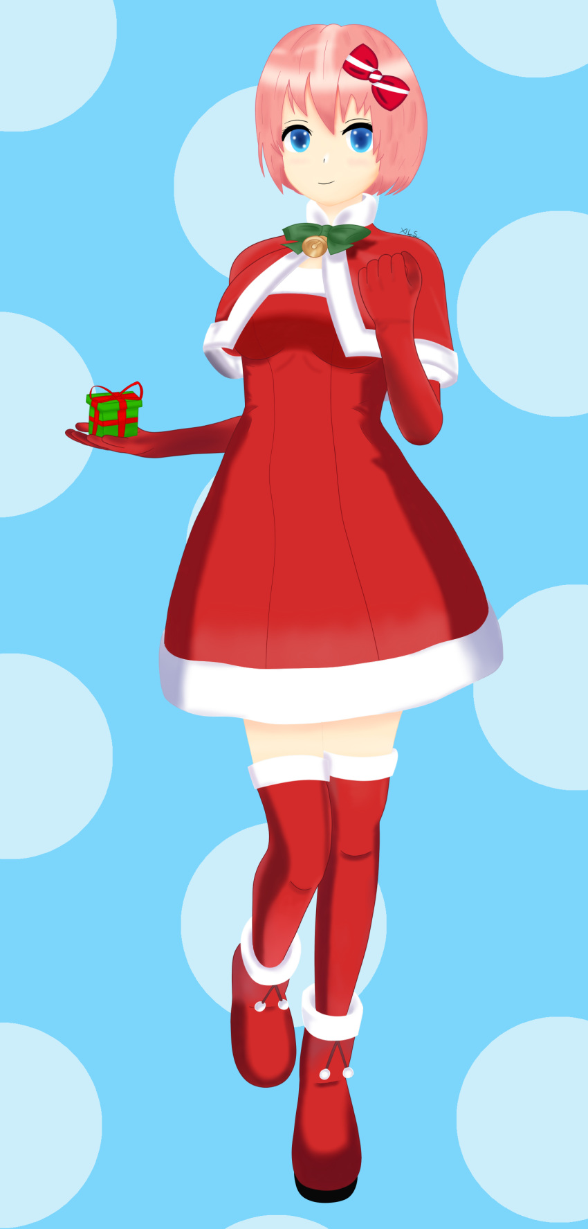 1girl absurdres bangs bell blue_eyes blush boots bow box breasts christmas closed_mouth doki_doki_literature_club dress elbow_gloves full_body fur_trim gift gift_box gloves hair_bow highres looking_at_viewer pink_hair red red_bow red_dress red_footwear red_gloves red_legwear sayori_(doki_doki_literature_club) simple_background smile solo standing standing_on_one_leg thighhighs xl_swat