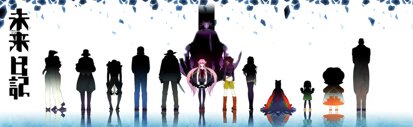 6+boys absurdres amano_yukiteru annotated apron arms_up baggy_pants belt black_dress black_hair black_legwear boots bow coat costume couple deus_ex_machina_(mirai_nikki) dress everyone floating formal gasai_yuno gloves hair_bow hair_over_one_eye hair_ribbon hakusai_(tiahszld) hat hetero highres hirasaka_yomotsu hiyama_takao houjou_reisuke hug ikusaba_marco jacket japanese_clothes john_balks kasugano_tsubaki knife kurusu_keigo long_hair long_image mask mikami_ai mirai_nikki multiple_boys multiple_girls pants pantyhose pink_eyes pink_hair ribbon shoes silhouette simple_background sitting standing throne tsukishima_karyuudo twintails ueshita_kamado uryuu_minene very_long_hair wide_image