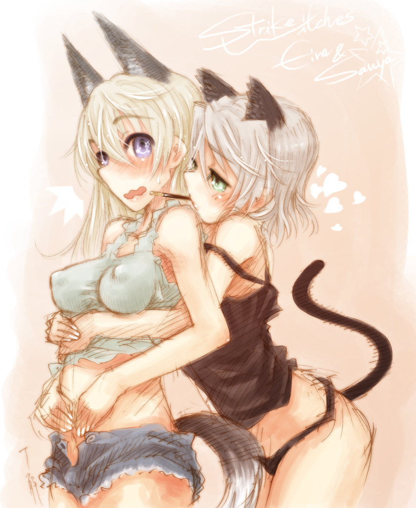 animal_ears blonde_hair blue_eyes camisole couple eila_ilmatar_juutilainen food green_eyes hair_between_eyes highres multiple_girls open_mouth panties pocky ryou_(shirotsumesou) sanya_v_litvyak short_shorts shorts strap_slip strike_witches tail underwear wavy_mouth white_hair world_witches_series yuri