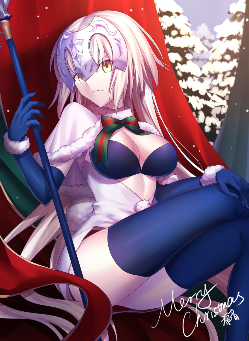 1girl banner black_gloves black_legwear breasts capelet cleavage cosplay elbow_gloves fate/grand_order fate_(series) frown gloves gogatsu_fukuin headpiece highres jeanne_d'arc_(alter)_(fate) jeanne_d'arc_(fate)_(all) jeanne_d'arc_alter_santa_lily jeanne_d'arc_alter_santa_lily_(cosplay) large_breasts long_hair merry_christmas pine_tree polearm signature sitting snow solo spear thighhighs tree weapon white_hair yellow_eyes