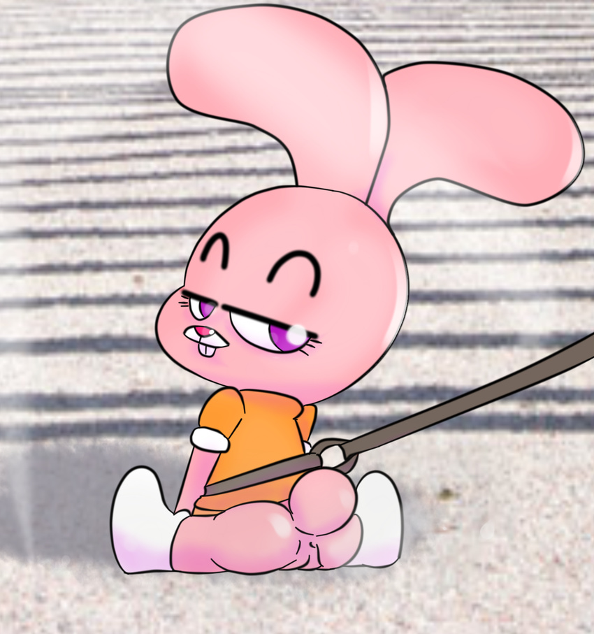 anus bottomless buckteeth butt cartoon clothed clothing cub female freeflyspecter fur half-dressed lagomorph looking_at_viewer looking_back mammal pink pink_fur purple_eyes pussy rabbit sitting smile solo tail the_amazing_world_of_gumball young