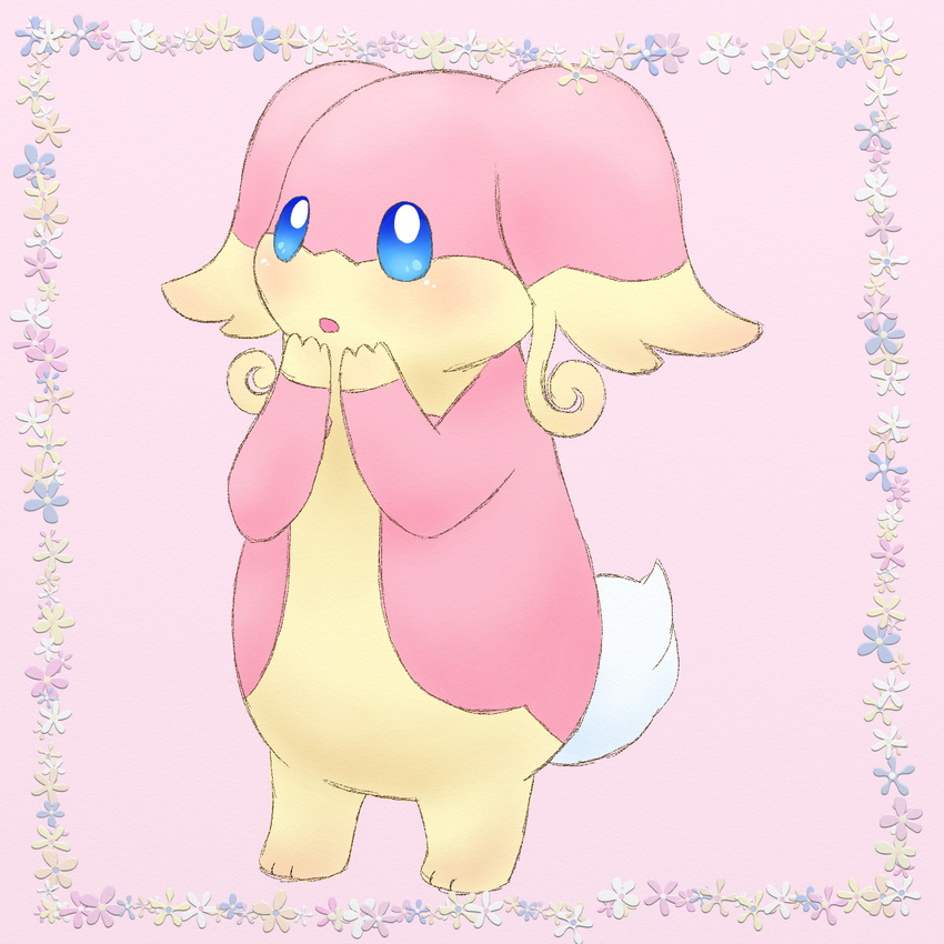 big_ears blue_eyes blush fluffy_tail hands_on_face hands_on_mouth nintendo pink pink_background pink_body plain_background pok&#233;mon pok&eacute;mon siho1209 solo standing tail video_games