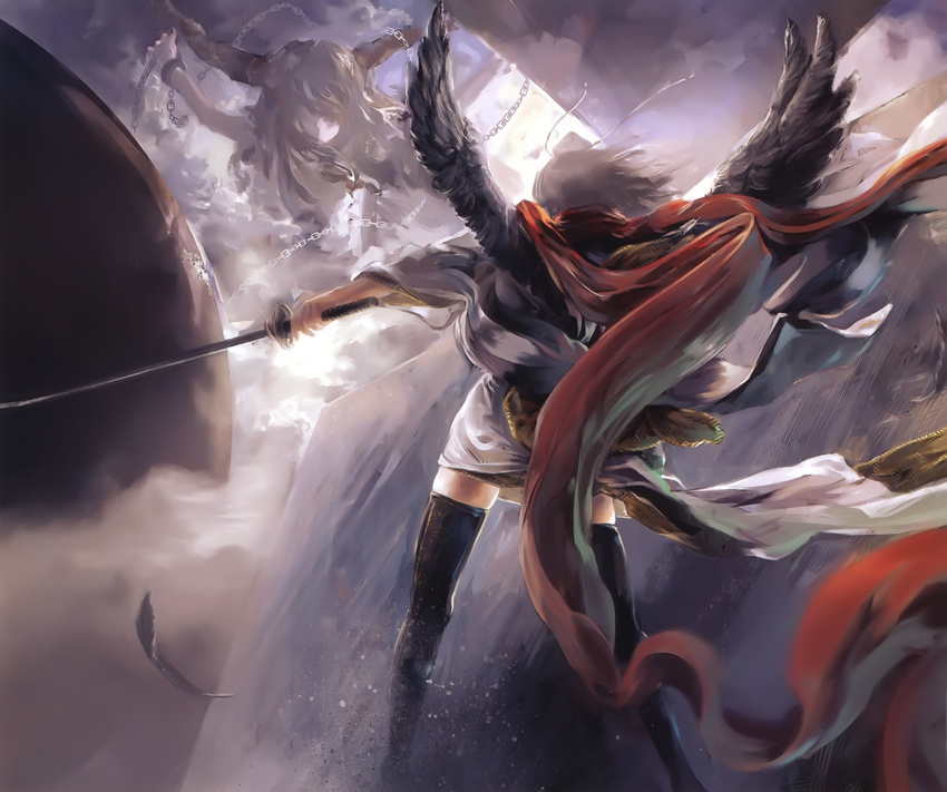 absurdres archlich battle black_legwear black_wings brown_hair duel epic feathers hat highres horns ibuki_suika japanese_clothes katana long_hair multiple_girls red_scarf scarf shameimaru_aya short_hair sword thighhighs tokin_hat touhou weapon wings zettai_ryouiki