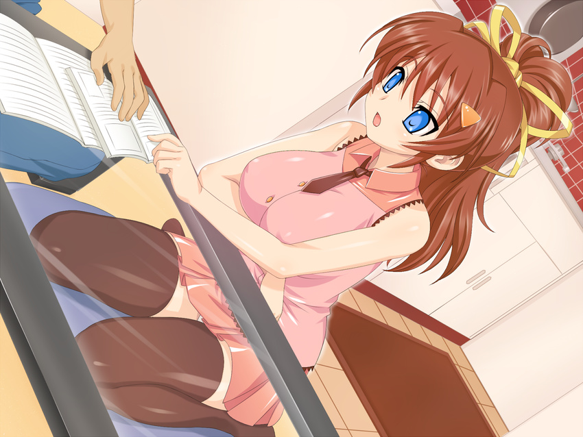 bare_shoulders blue_eyes breasts brown_hair futakano highres huge_breasts long_hair open_mouth ponytail potato_house ribbon sitting