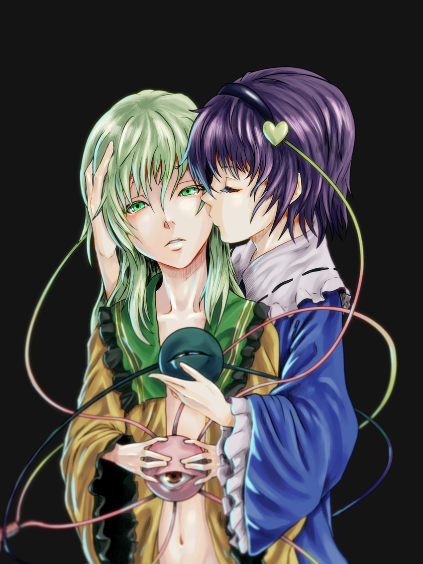 baten_(gei-vorugu) cheek_kiss closed_eyes green_eyes green_hair hairband head_hold highres kiss komeiji_koishi komeiji_satori long_hair multiple_girls navel no_bra no_hat no_headwear open_clothes open_shirt purple_hair shirt short_hair siblings sisters third_eye touhou