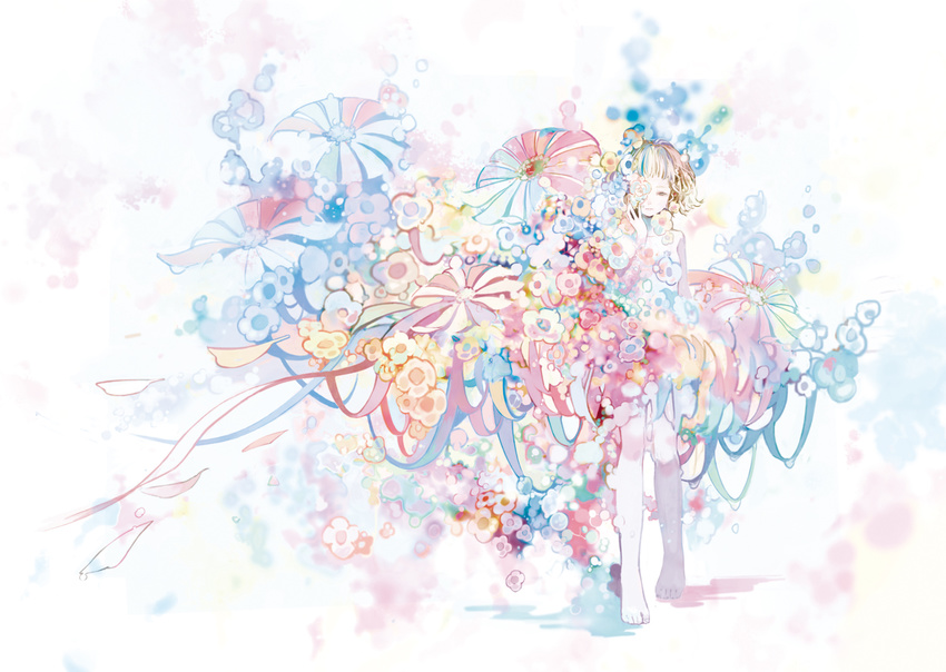 24_(24phage) abstract blonde_hair bob_cut brown_eyes bubble flower hand_on_own_face nude original pale_color pastels petals ribbon short_hair solo standing tears