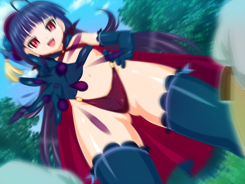 blur blurry breasts cape censored futawitch highres long_hair midriff potato_house purple_hair red_eyes thighhighs