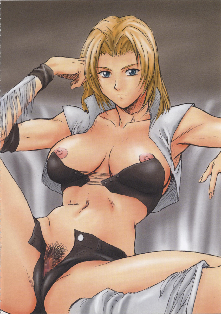 1girl absurdres areolae blonde_hair blue_eyes boots breasts censored dead_or_alive highres large_breasts legs looking_at_viewer midriff navel nipple_slip nipples pretty_well pubic_hair pussy serious short_hair simple_background sitting solo spread_legs tecmo thighs tina_armstrong unbuttoned wristband
