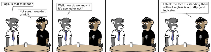 black_shirt brown_fur canine cartoon class comic dialog dress_shirt english_text friends fur garfield grey_fur hair humor hyena looking_down male mammal milk necktie parody rags shirt_logo skyrim standing table text the_elder_scrolls the_elder_scrolls_v:_skyrim video_games wolf