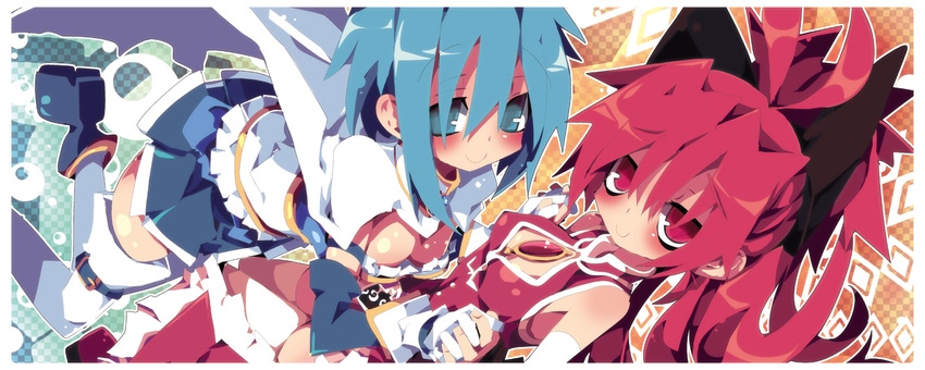 bare_shoulders blue_eyes blue_hair boots breasts cape cleavage dangomushi downblouse hair_ribbon holding_hands long_hair magical_girl mahou_shoujo_madoka_magica medium_breasts miki_sayaka multiple_girls pleated_skirt ponytail red_eyes red_hair ribbon sakura_kyouko short_hair skirt smile thighhighs