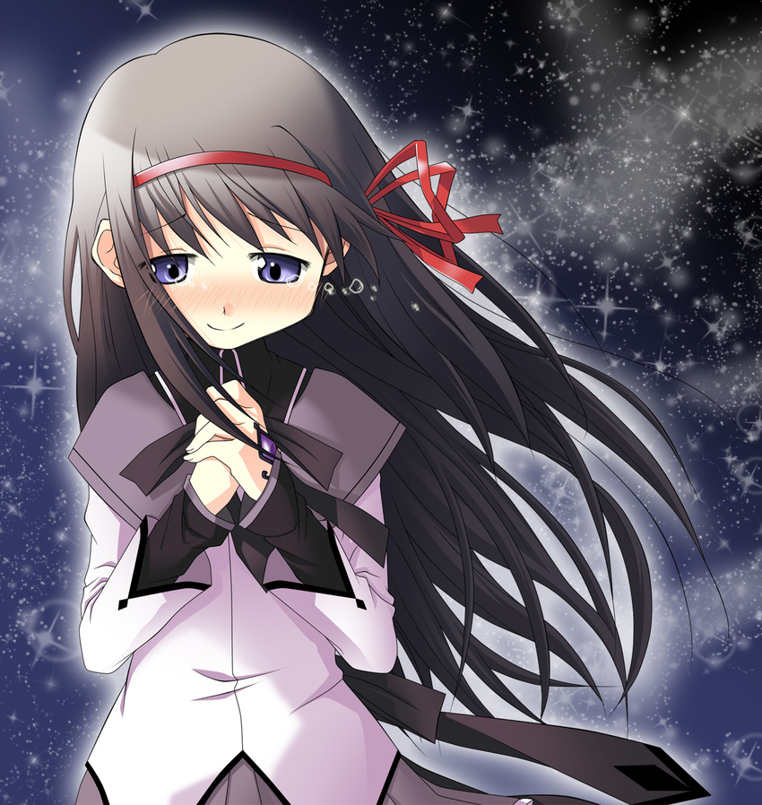 akemi_homura aozora_(syun8823) bad_id bad_pixiv_id black_hair blush hair_ribbon hands_clasped highres long_hair magical_girl mahou_shoujo_madoka_magica own_hands_together purple_eyes ribbon smile solo soul_gem tears