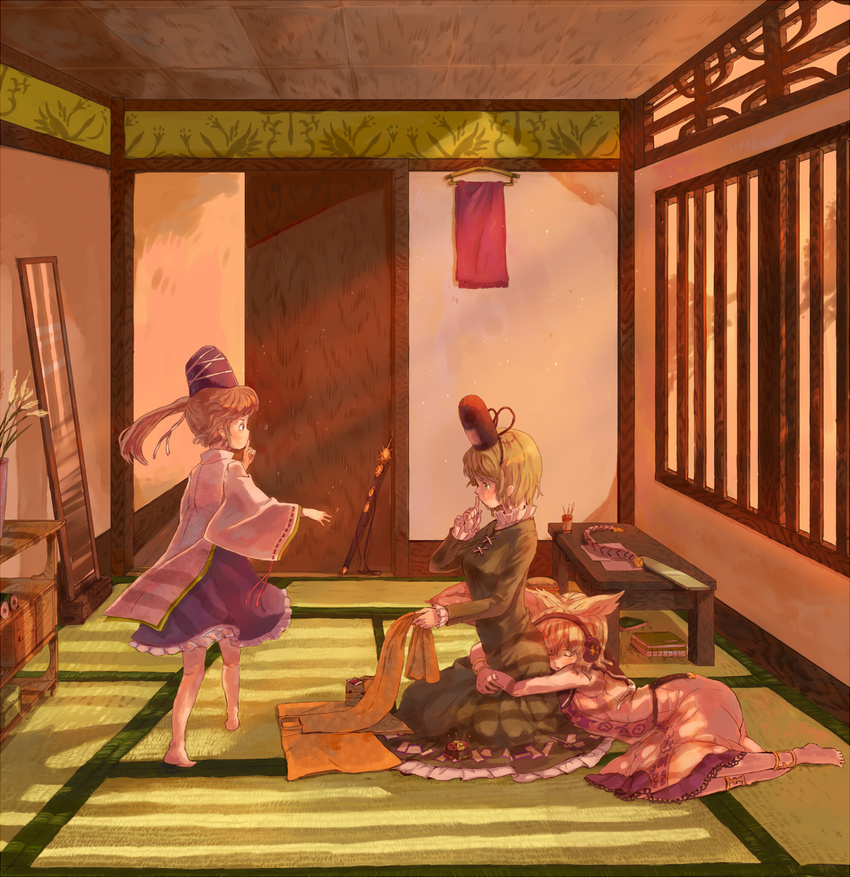 anklet barefoot belt book bracelet brown_hair brush child closed_eyes cloth clothes_hanger cup door dress earmuffs finger_to_mouth gogo/tad green_dress green_eyes green_hair grey_eyes grey_hair hat highres hug hug_from_behind indoors japanese_clothes jewelry lying mirror mononobe_no_futo multiple_girls needle open_mouth plant ponytail ritual_baton room scabbard scroll sheath sheathed short_hair shushing silver_hair sitting skirt sleeping soga_no_tojiko sword table tatami tate_eboshi touhou toyosatomimi_no_miko vase weapon window