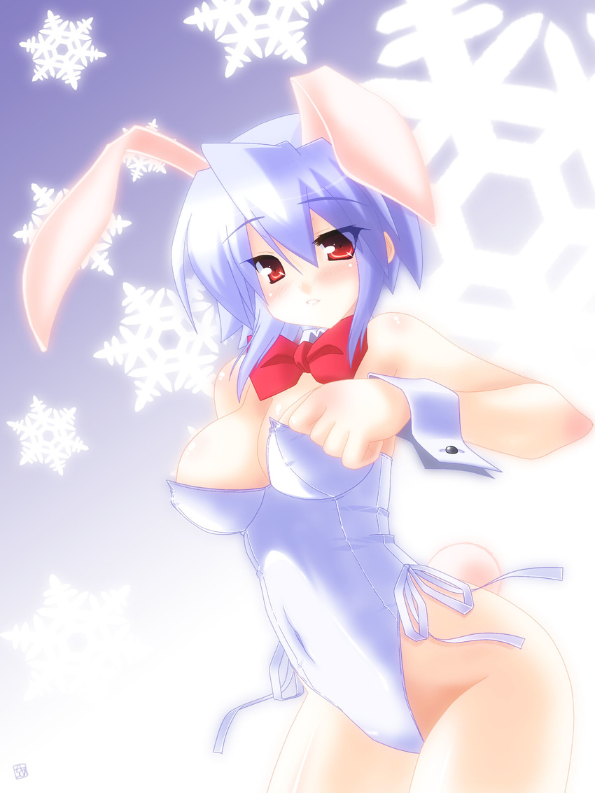 animal_ears bare_legs blue_hair bow bowtie bunny_ears bunny_tail bunnysuit detached_collar highres kotonomiya_yuki red_eyes saano_chia short_hair snowflakes solo suigetsu tail wrist_cuffs