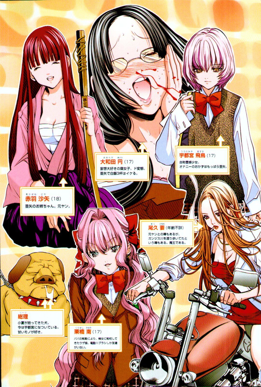 :d ^_^ age_difference akabane_saya arms_behind_back bag bangs black_hair blazer blood blue_eyes blunt_bangs blush bokken bow bowtie bra breasts chain character_name character_profile checkered checkered_background cigarette cleavage closed_eyes collar comic directional_arrow dog dress dress_shirt drooling expressionless glasses gokujo. ground_vehicle hair_between_eyes hair_bow hair_intakes hair_over_shoulder hakama half_updo hand_on_own_cheek hand_on_own_face highres holding jacket japanese_clothes jewelry kurihashi_minami_(gokujo.) labcoat lace lace-trimmed_bra leash lipstick long_hair long_sleeves looking_at_viewer makeup miyazaki_maya motor_vehicle motorcycle mouth_hold multiple_girls necklace nose_blush nosebleed off_shoulder official_art oku_kaname oowada_madoka open_clothes open_mouth orange_background orange_eyes orange_hair outline pink_bra pink_hair plaid plaid_skirt pleated_skirt red_dress red_eyes red_hair red_lipstick riding saliva sarashi scan school_bag school_uniform seiza shirt short_dress short_hair sidelocks sitting skirt sleeves_rolled_up small_breasts smile smoking souri_(gokujo.) spiked_collar spikes strapless strapless_dress sweater_vest sword teacher translation_request tube_dress twintails underwear utsunomiya_asuka very_long_hair wavy_hair weapon wooden_sword