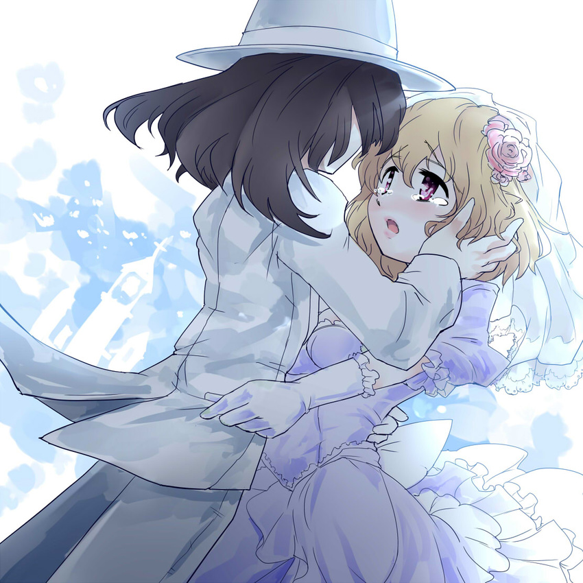 arm_around_waist blonde_hair blue_eyes brown_hair church dress dutch_angle elbow_gloves eye_contact fedora flower formal frills gloves hair_flower hair_ornament hand_on_another's_face hat looking_at_another maribel_hearn multiple_girls open_mouth pant_suit pink_flower pink_rose rose suit tears touhou turupiko usami_renko veil wedding wedding_dress wife_and_wife yuri