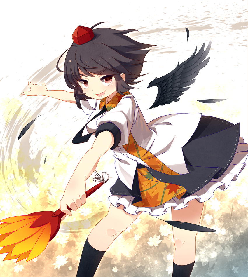 black_hair black_legwear black_wings blueberry_(5959) breasts detached_wings fan feathers hat highres looking_at_viewer necktie open_mouth pose red_eyes shameimaru_aya shirt short_hair sidelocks skirt small_breasts smile solo tokin_hat touhou wings