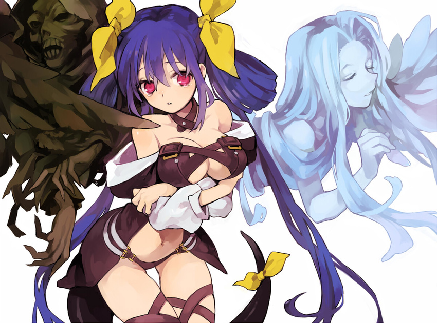 blue_hair breasts cleavage cloak closed_eyes detached_sleeves dizzy guilty_gear large_breasts navel necro_(guilty_gear) red_eyes ribbon simple_background soto tail tears twintails undine_(guilty_gear) white wings